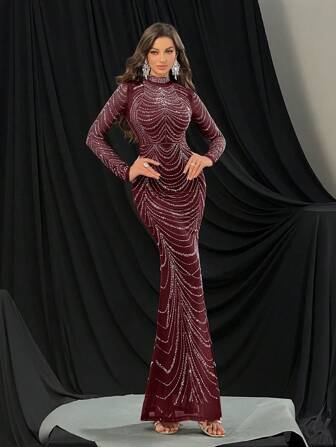 QOQ Fashionable Gorgeous Hot Drill Evening Gown Luxurious Rhinestone Formal Dress For Cocktail Party, Red Carpet Events, Galas Solid Color Long Sleeve Mermaid Hem Gowns