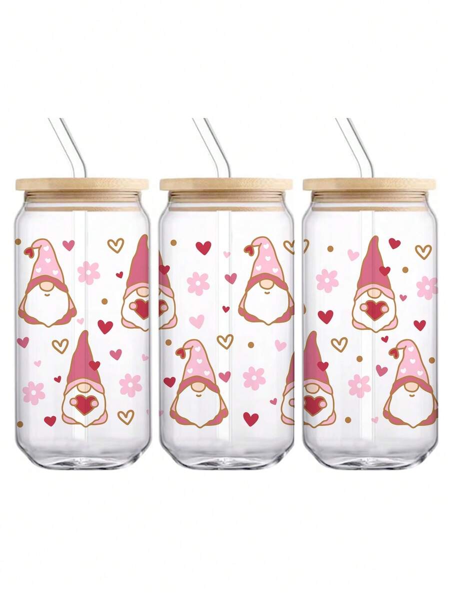 1 个杯子粉色圣诞老人心形 550 毫升玻璃杯，高硼硅玻璃杯，带密封竹盖和吸管的杯子，圣诞节、万圣节，适合办公室和学校，适用于咖啡、茶、啤酒、果汁、冷热饮品、冰沙等，可重复使用，隔热，用于派对、聚会、节日、感恩节、教师节、节日礼物、送给妈妈、恋人、男朋友和女朋友、最好的朋友、新娘的礼物。