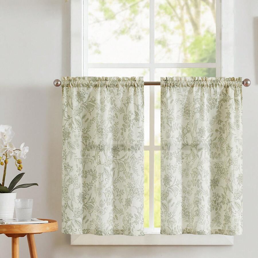 2 Panels Vangao Farmhouse Kitchen Curtains Floral Print Cafe Curtains Linen Tier Curtains Short Half Window Curtains Rod Pocket - Green - View 1