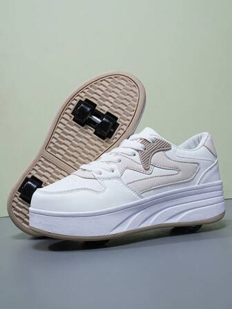 2024 New Fashion Kids Shoes, Convertible Wheeled Shoes, Removable Button, Mesh Breathable, White & Khaki, Suitable For 4 Seasons, Girls And Boys