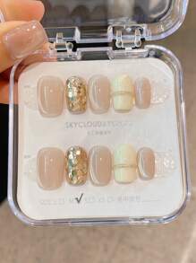 10 件/套手工短款按压指甲，夏季假指甲美甲用品，适合女孩的沙滩美甲短指甲，时尚短方形和椭圆形指甲片，可重复使用，适合教师、学生、办公室、旅行、优雅商务休闲