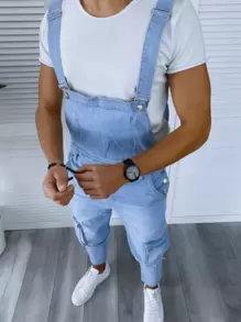 Men Retro Denim Bib Pants, Fashion Distressed Casual Jumpsuit Overalls - Màu xanh lam - Xem 3