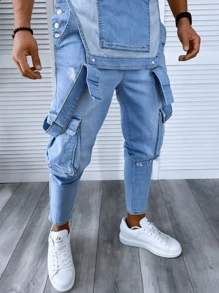 Men Retro Denim Bib Pants, Fashion Distressed Casual Jumpsuit Overalls - Màu xanh lam - Xem 1