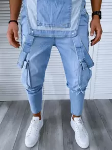 Men Retro Denim Bib Pants, Fashion Distressed Casual Jumpsuit Overalls - Màu xanh lam - Xem 5