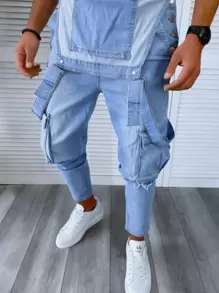 Men Retro Denim Bib Pants, Fashion Distressed Casual Jumpsuit Overalls - Màu xanh lam - Xem 4