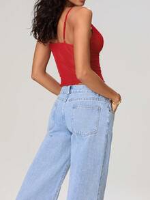 Camiseta de tirantes de mujer de unicolor, minimalista, de malla de red con escote en V para uso diario - Rojo - Ver 4