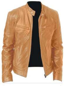 Men's Autumn Solid Color Fashion Stand Collar PU Leather Jacket - Khaki - View 2