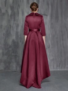 女士翻领 3/4 袖缎带系带连衣裙，优雅的新娘母亲连衣裙