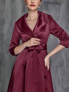 女士翻领 3/4 袖缎带系带连衣裙，优雅的新娘母亲连衣裙