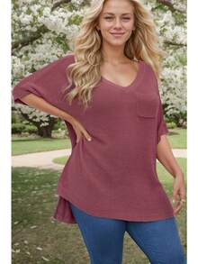 Ladies' Fashionable And Versatile Knitted Short Sleeved T-Shirt, Spring And Summer New Solid Color Loose V-Neck Pullover - Ferruginous Red - View 3
