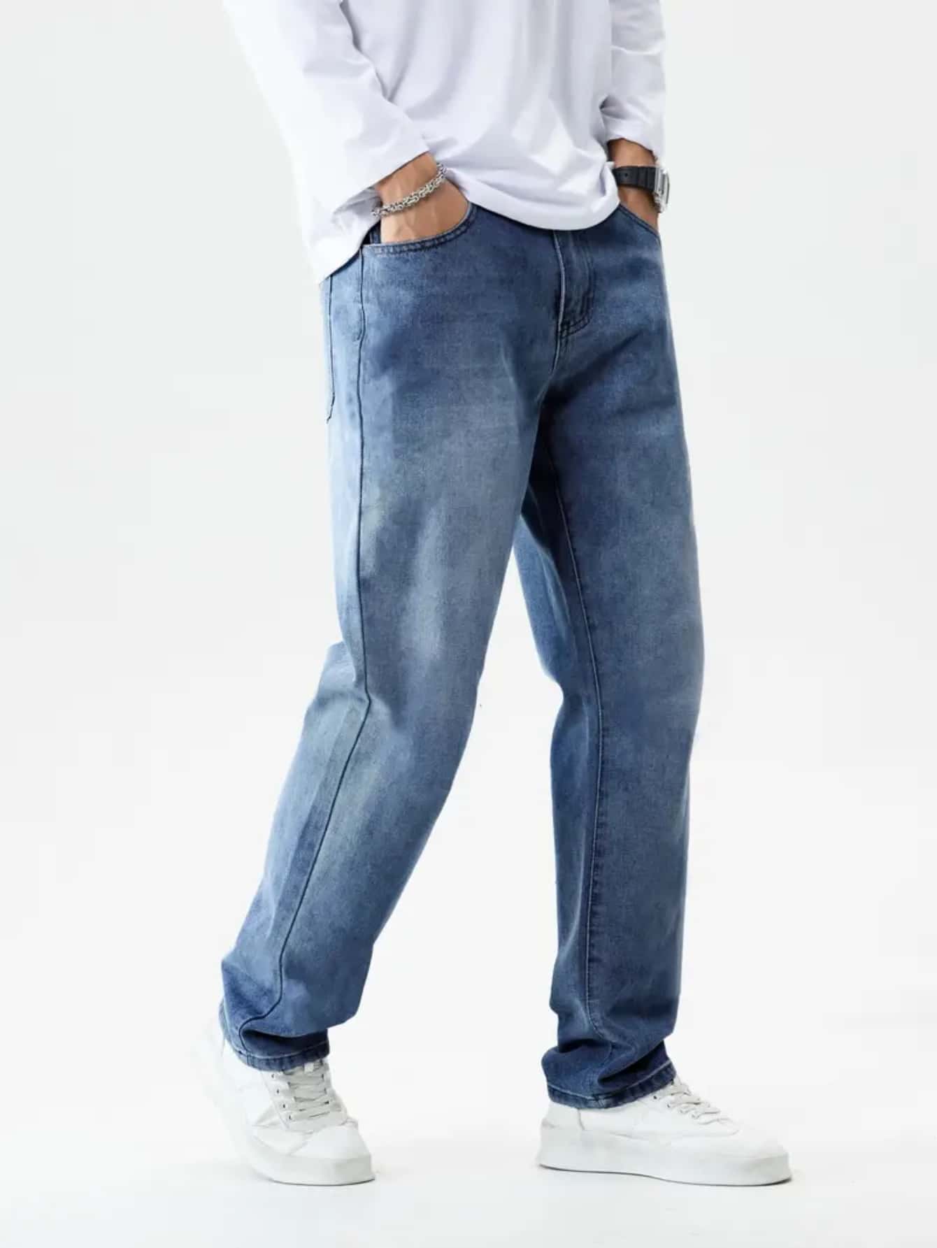 Men's Straight Baggy Jeans Premium Streetwear Oversized Rapper Denim Skater Style Loose Fit - 中等水洗藍 - 查看 1