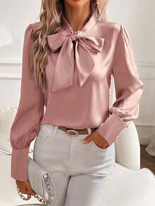 Women's Pink Satin Blouse With Bow Collar And Puff Sleeves - Elegant, Silky Top Suitable For Office And Formal Occasions, Showcasing Fashionable Style - Pink - View 4