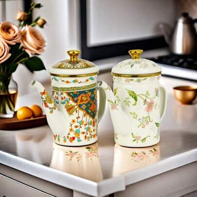 1 件高品质搪瓷茶壶/水壶/咖啡壶带滴水盘，适用于餐厅、下午茶、家庭聚会、节日，可在燃气灶、电磁炉和明火上加热