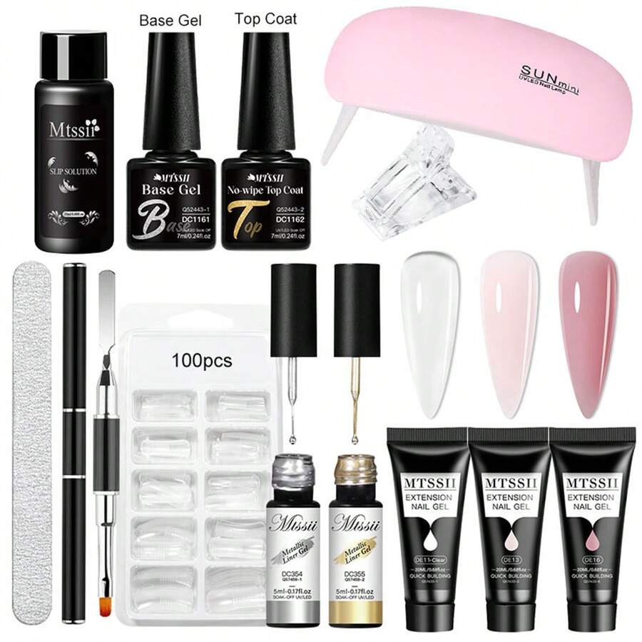 13pcs/20ml Nail Extension Gel Kit, Includes 6W LED Lamp, Full Set Of Nail Art Tools, Semi-Permanent Metal Line Gel, Manicure Tool Set - Multicolor - View 1