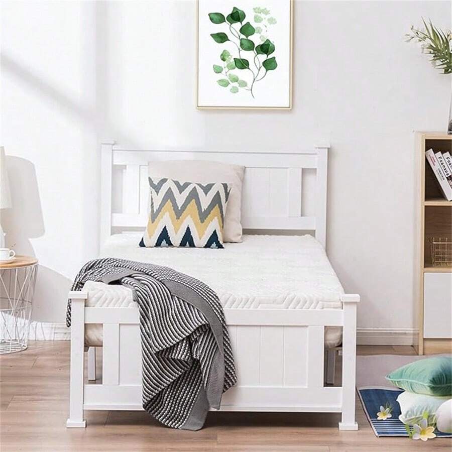 Twin Size Solid Wood Platform Bed Frame, Single Bed With Headboard, No