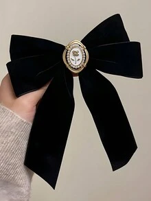 1 件女士复古优雅黑天鹅绒蝴蝶结装饰珍珠弹簧发夹，适合日常使用和礼物 - 黑色 - 查看 7