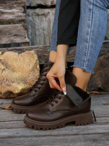 2024 秋冬新款女士厚底圆头拉链系带中筒防滑舒适时尚摩托车踝靴