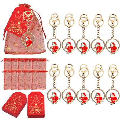 10 Sets Christmas Key Chain Gift Set, Including 10 Pcs Santa Key Chains, 10 Pcs Red Christmas Cards And 10 Pcs Snowflake Organza Bags, Gifts For Family, Friends, And Colleagues, Perfect Party Christmas Souvenirs