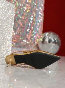 Sandalias de tacón alto doradas, zapatos casuales de mujer con tira trasera sin talón para fiesta de verano, boda, tacones altos de cadena metálica de moda con punta cerrada, calzado formal y casual de talla grande - Dorado - Ver 7