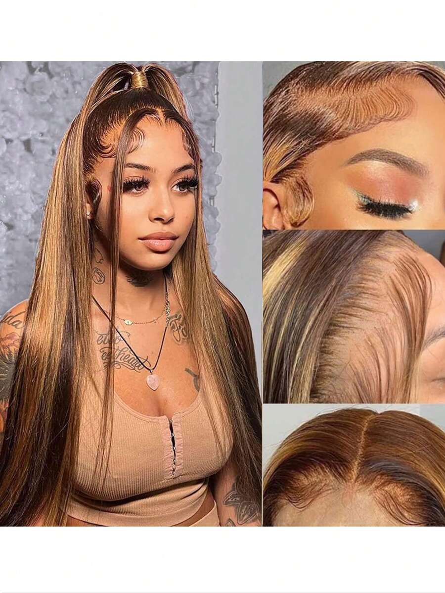 30 Inch 13x4 Highlight Ombre Straight Lace Front Wigs Human Hair Pre Plucked #4/27 Colored Wigs Honey Blonde Brazilian Lace Frontal Wigs Human Hair For Women With Baby Hair - SP4/27 - View 1