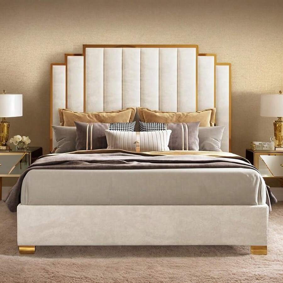 Merluxy King Size Upholstered Bed, Modern Velvet Bed Frame With 65.4" Tall Gold Trim Headboard, No Box Spring Needed, Beige - 米色 - 查看 1