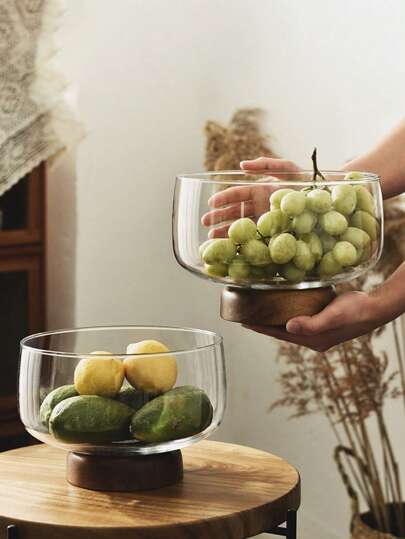 1pc/Set Wooden Base Glass Fruit Plate Salad Bowl Set, Home Kitchen Dinner Party Wedding Event Gift