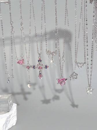 9/8pcs Fashionable Y2K Style Exquisite Cute Design Vintage Multi-Piece Stackable Colorful Crystal Bling Bling Cross, Heart, Star, Moon, Butterfly Wing, Bow Pendant Multilayer Necklace Set, Suitable For Holiday, Party, Date, Gift, Daily Wear