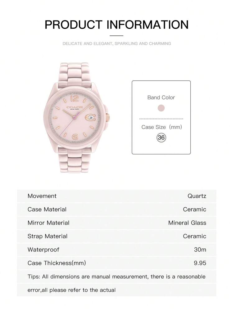 Coach Đồng hồ đeo tay nữ Grayson Series mặt số gốm nhiều màu sắc, có cửa sổ hiển thị lịch, kiểu dáng dễ thương và nữ tính. - Hồng - Xem 5