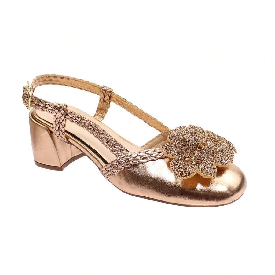 Round Toe Slingback Shoe With Rhinestone Flower - 銅色 - 查看 1