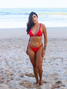 Triangle Bikini With Removable Pads And Lined Beads - Style And Comfort In The Right Measure - Red - View 1