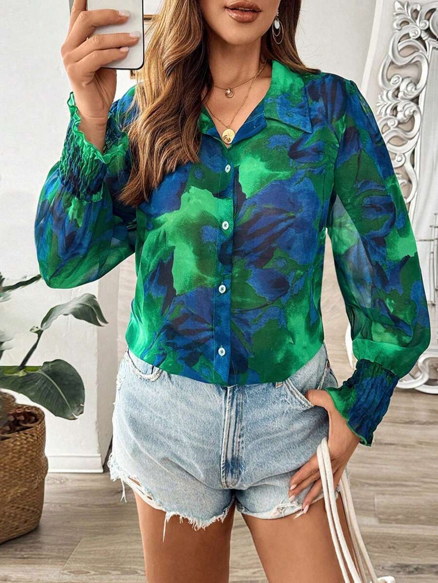 Women's Autumn Chiffon Floral Print Ruffle Sleeve Elegant Blouse - Green - View 1