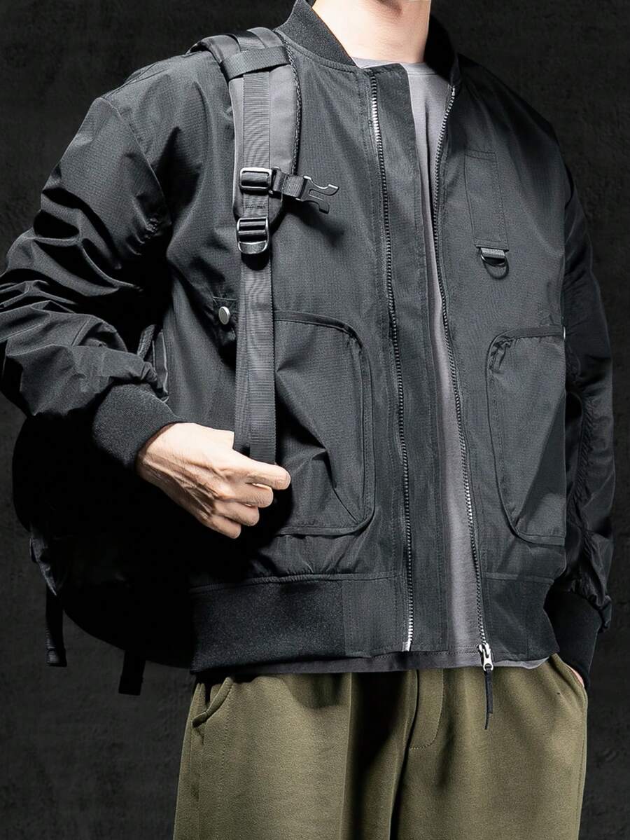 Men's Stand Collar Bomber Jacket - Black - View 1