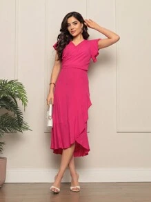 ANLE MODAS-Long Wrap Dress With Tie At The Waist - 玫紅色 - 查看 1