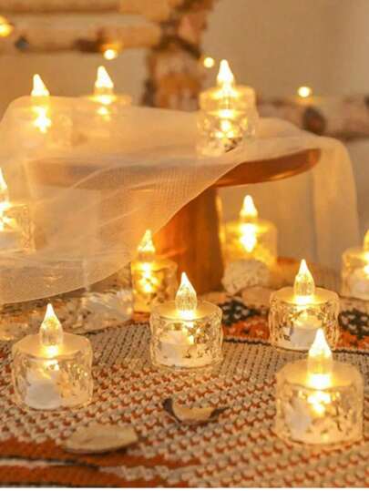 24pcs/10pcs/5pcs/3pcs/1pc Acrylic Crystal Electronic Candle Lamp, Mini LED Realistic Transparent Rose Lamp For Christmas Eve Decor, Battery Operated, Rose Rhombus Pattern Projection Candle Lamp, Suitable For Wedding Proposal, Valentine's Day, Halloween, Christmas, Romantic Occasions, Home Decor, Dining Table Atmosphere + Christmas Ice Berg Light