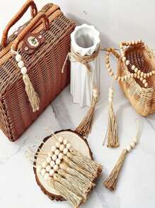 5/10/15 件黄麻绳流苏配 3 颗木珠，质朴手工装饰绳粗麻布流苏适用于树 DIY 工艺木珠花环项目婚礼家庭派对装饰品（自然色）、家居装饰、房间装饰、墙面装饰 - 彩色 - 查看 4