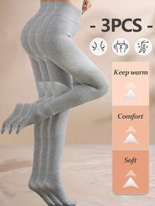 3件装秋冬季羊绒保暖高腰收腹竖条打底裤女高品质边缘设计保暖连裤袜 - 淺灰色 - 查看 3