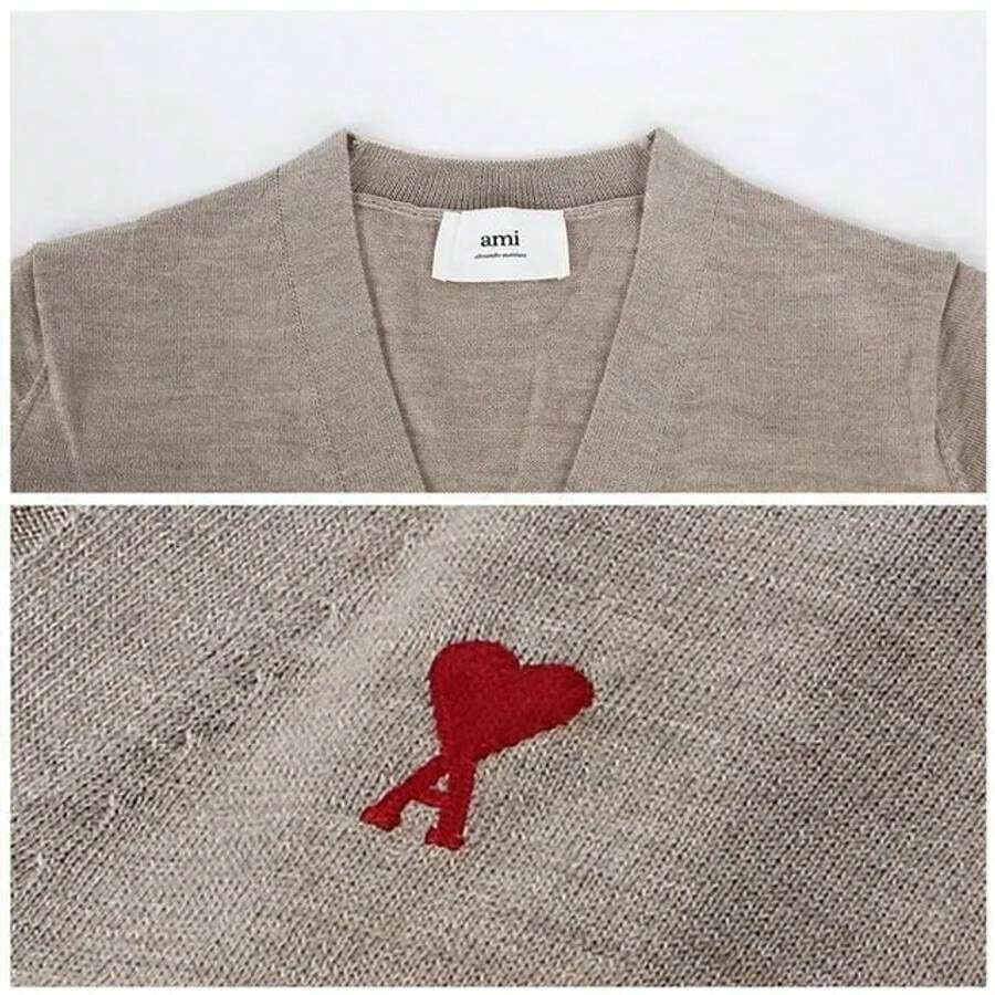 AMI Red Heart Logo Merino Wool Cardigan Beige SHEIN USA