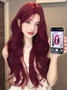 alicegarden 1 件合成耐热长自然波浪红色假发，带刘海，长 28 英寸，由纤维制成，适合日常使用，自然逼真的假发。