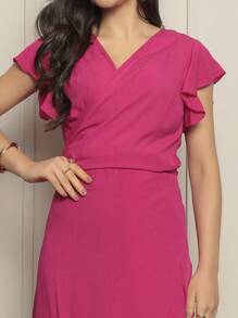 ANLE MODAS-Long Wrap Dress With Tie At The Waist - 玫紅色 - 查看 2