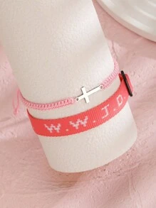 2pcs/Set Minimalist Stainless Steel Cross Bracelets & Wwjd Letter What Would Jesus Do Christian Jewelry Jacquard Knit Wristband Bracelet Set For Women For Party Jewelry