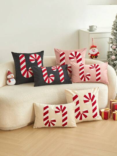 圣诞节拐杖糖刺绣抱枕套，客厅、卧室、派对家居装饰