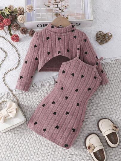 2pcs/Set Young Girl Elegant Fashion Heart Print Crew Neck Long Sleeve Cropped Top And Sleeveless Dress Outfit