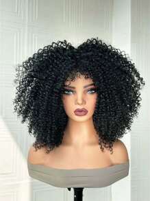 Tóc giả đen xoăn bồng bềnh dài 10-16 inch, tóc giả ngắn có mái bằng, tóc giả sợi tổng hợp chịu nhiệt dành cho nữ sử dụng hàng ngày, tóc giả thời trang dày dặn cho cosplay. - màu đen - Xem 3