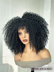 Tóc giả đen xoăn bồng bềnh dài 10-16 inch, tóc giả ngắn có mái bằng, tóc giả sợi tổng hợp chịu nhiệt dành cho nữ sử dụng hàng ngày, tóc giả thời trang dày dặn cho cosplay. - màu đen - Xem 5