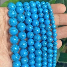 Hạt tròn trơn màu xanh dương, đỏ, trắng sọc, xanh ngọc, dài 15 inch, kích thước 4/6/8/10/12mm, dùng để tự làm trang sức. - màu ngọc lam - Xem 17