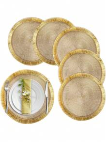 Set di tovagliette circolari intrecciate con glitter e nappe, set di sottobicchieri naturali intrecciati, lavabili e antiscivolo, adatti per tavoli da pranzo, riunioni domestiche, Ognissanti, Natale, feste di matrimonio, disponibile in 2, 4 o 6 pezzi (38 cm)