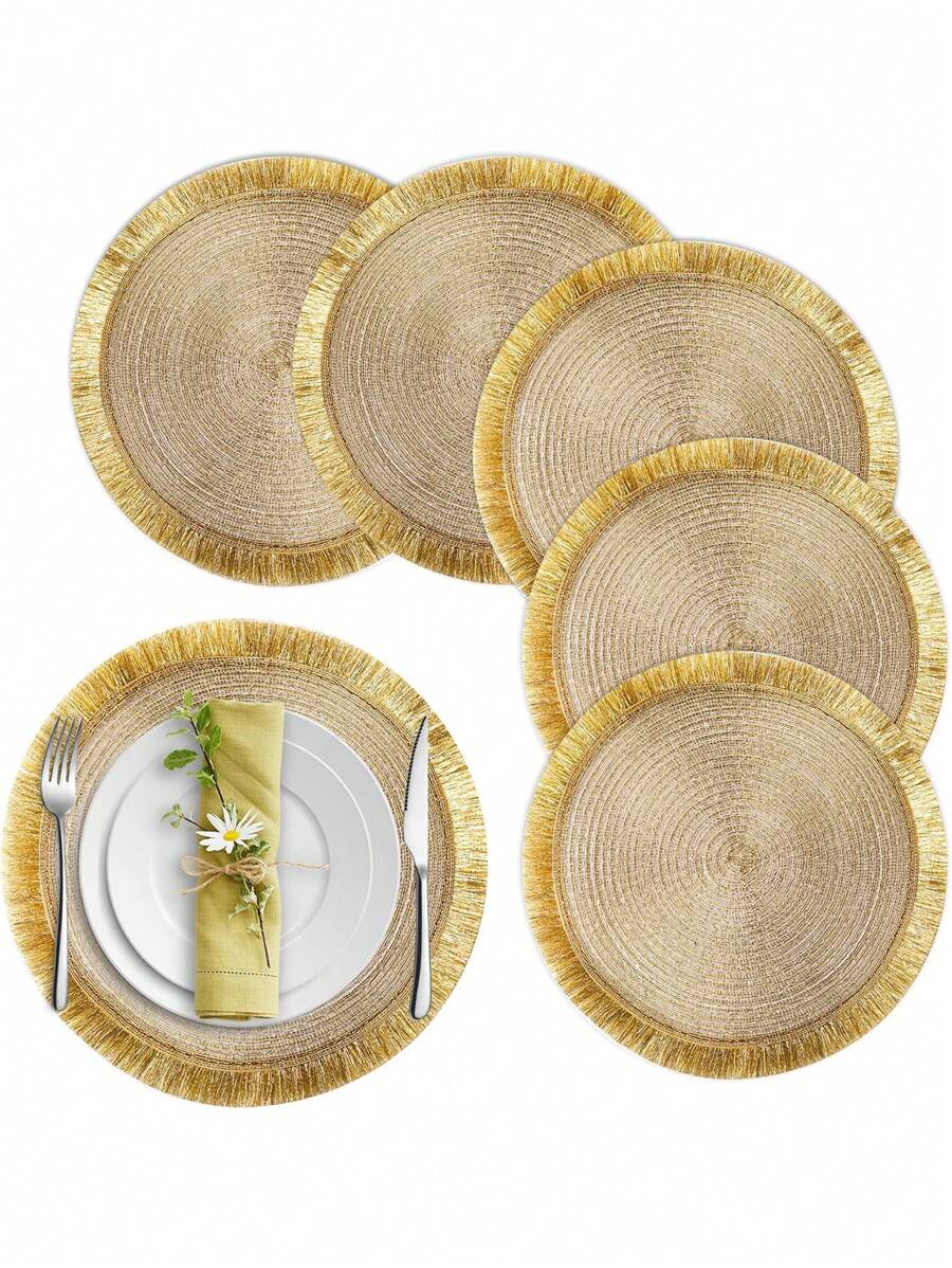 Set di tovagliette circolari intrecciate con glitter e nappe, set di sottobicchieri naturali intrecciati, lavabili e antiscivolo, adatti per tavoli da pranzo, riunioni domestiche, Ognissanti, Natale, feste di matrimonio, disponibile in 2, 4 o 6 pezzi (38 cm)