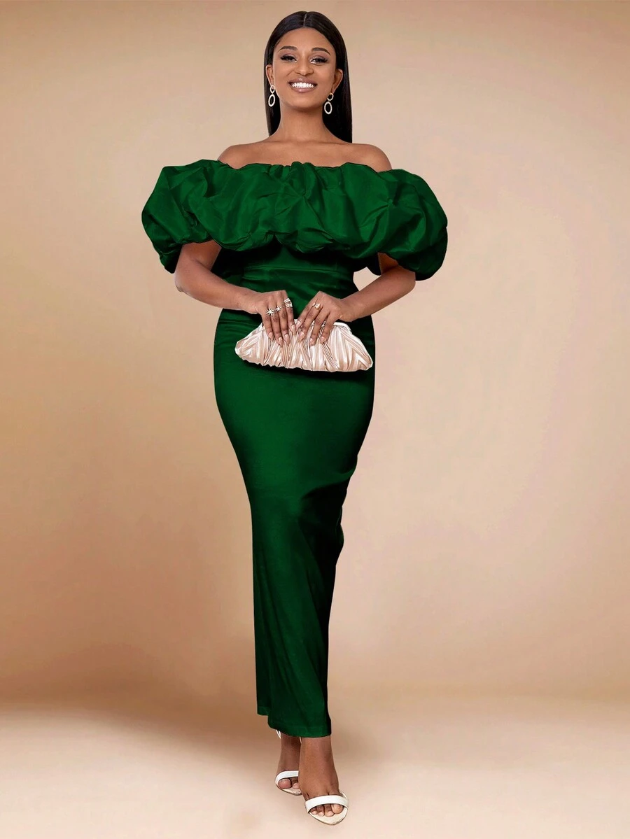 Fashionable Ruffle Short Sleeve Off-Shoulder Fitted Long Graduation Dress, Suitable For Wedding Guests, Graduation Ceremonies, Galas And Homecoming