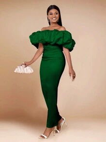 Fashionable Ruffle Short Sleeve Off-Shoulder Fitted Long Graduation Dress, Suitable For Wedding Guests, Graduation Ceremonies, Galas And Homecoming