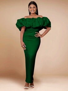 Fashionable Ruffle Short Sleeve Off-Shoulder Fitted Long Graduation Dress, Suitable For Wedding Guests, Graduation Ceremonies, Galas And Homecoming